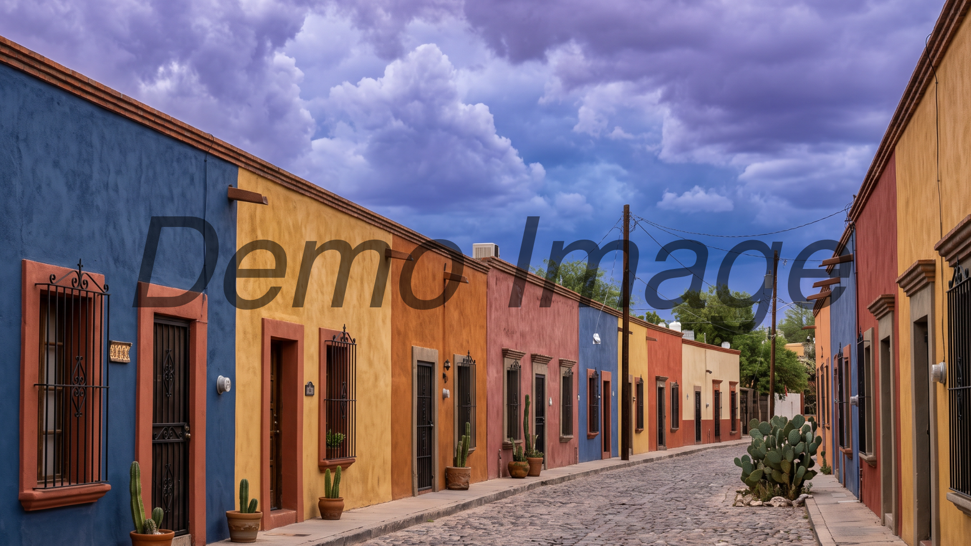 Painted Sonoran row houses on Meyer Avenue, Barrio Viejo, Tucson — flush adobe facades in ochre, indigo, and oxblood under a charged violet monsoon sky, wet street reflecting the colors at blue hour; editorial documentary style
