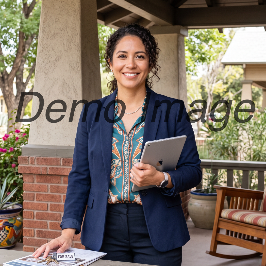 Portrait — Inez Calderón, broker in her fifties, seated on the brick steps of a 1920s Craftsman porch in Sam Hughes, Tucson; warm evening monsoon light through eucalyptus shade, linen shirt, direct easy gaze; editorial documentary style