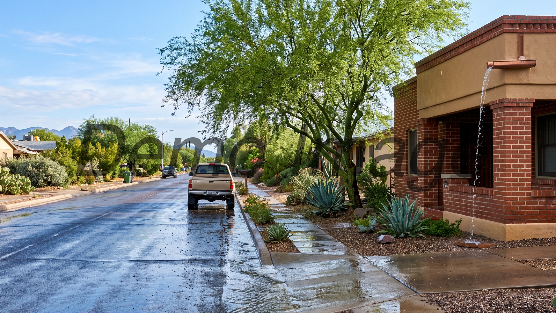 A residential Tucson street the morning after a monsoon storm — wet asphalt reflecting a clearing sky, water still running in the curb line past a brick bungalow, a canale streaming off the flat parapet roof, palo verde flushed green; 8 am documentary light